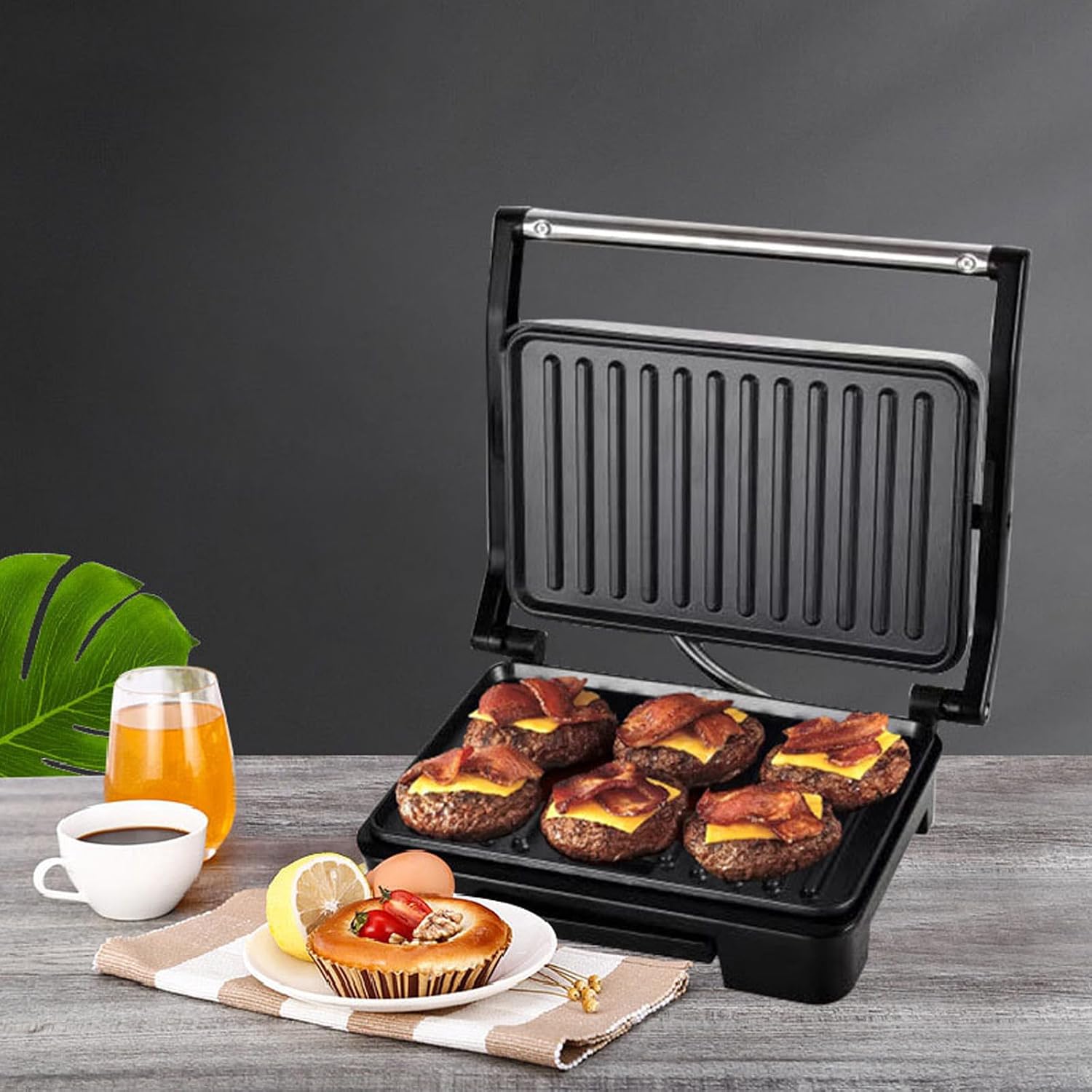 Electric Indoor Grill for Steak Lovers, Smokeless Indoor Grill, Non-Stick Cooking, Stainless Steel, Black