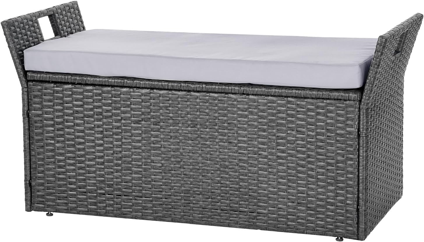 VEVOR Outdoor Storage Bench, 2-Person PE Rattan Storage Bench, 40 Gal Deck Box with Cushion & Side Handle, Supports up to 400 lbs, Outdoor Seating & Porch Decor for Patio Garden Balcony