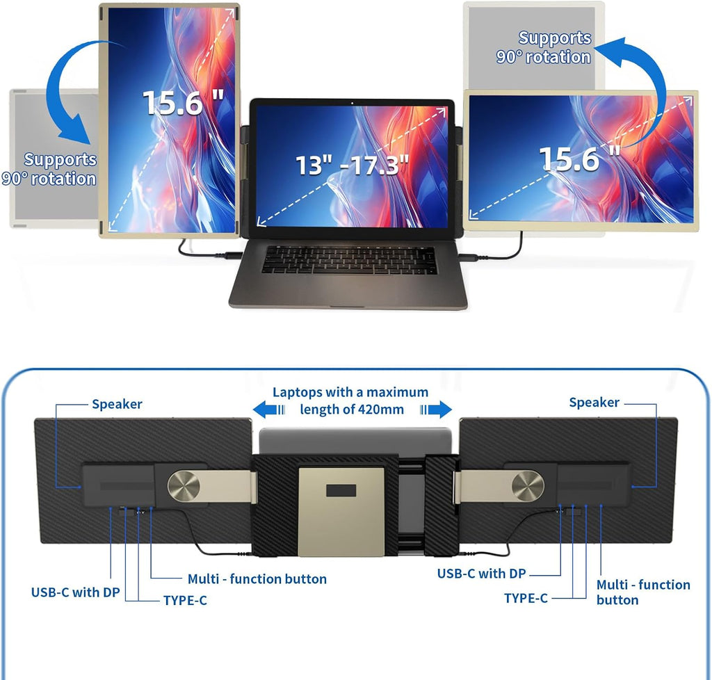 Laptop Screen Extender - 15.6'' 1080P Monitor Extender Detachable Screen Triple Monitor for Laptop 13'-17.3' Compatible with Mac/Windows