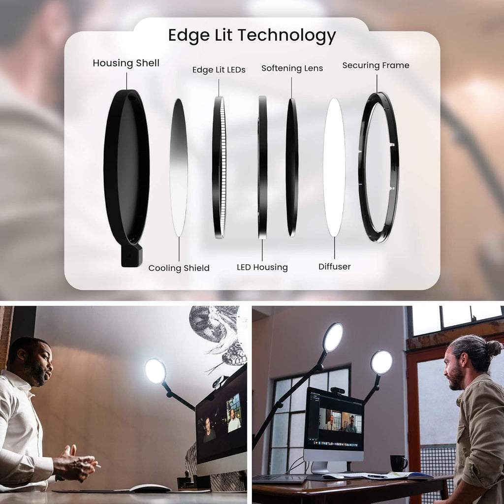 LUME CUBE Edge 2.0 LED Desk Lamp | Dimmable Home Office Desk Light with USB Charging Port & Strong Swing Arm | Adjustable Color Temperature and Brightness | Circle Webcam Light - Black