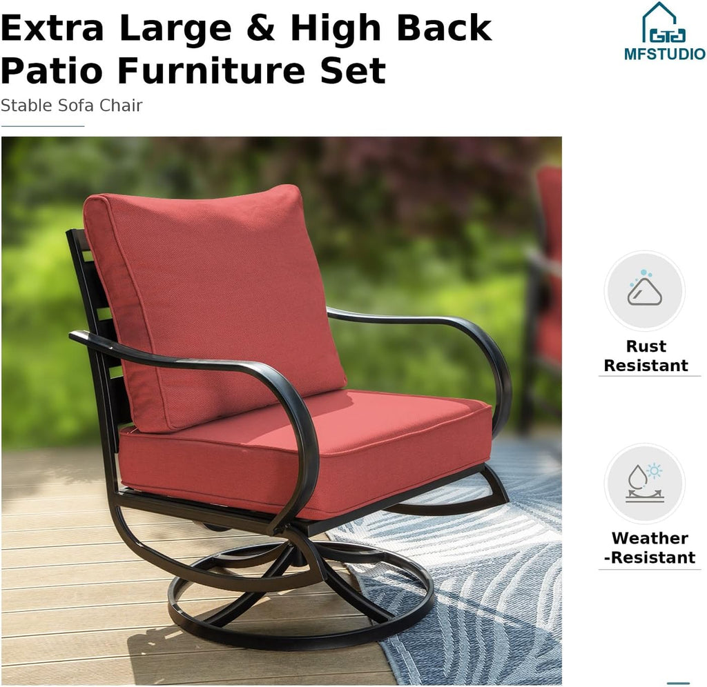 MFSTUDIO 6 Pieces Metal Patio Furniture Sets, 2 Swivel Chairs, 3-Seat Loveseat Sofa, 2 Patio Chairs & 1 Marbling Coffee Table, All Weather 7 Seats Outdoor Conversation Set for Garden, Burgundy Red
