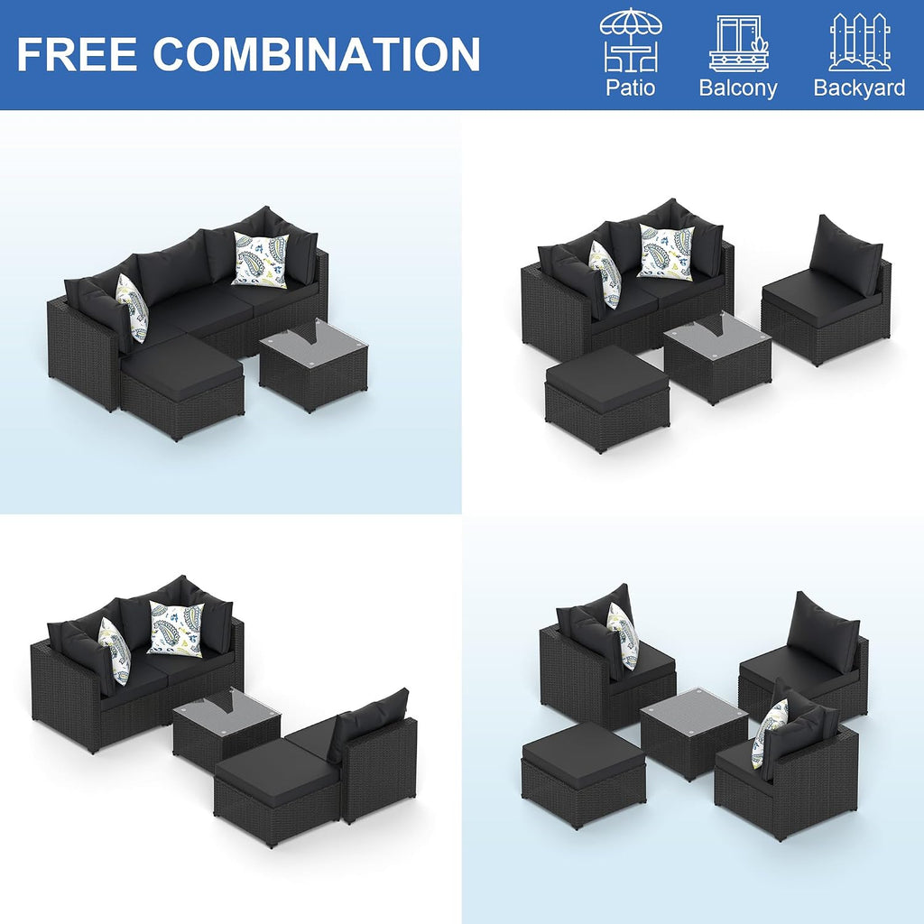 Patio Furniture Set, 5PCS Outdoor Sectional with Ottoman Wicker Rattan Patio Couch with Thickened Cushion Modular Wicker Patio Conversation Set with Glass Top Table for Balcony, Backyard (Black)