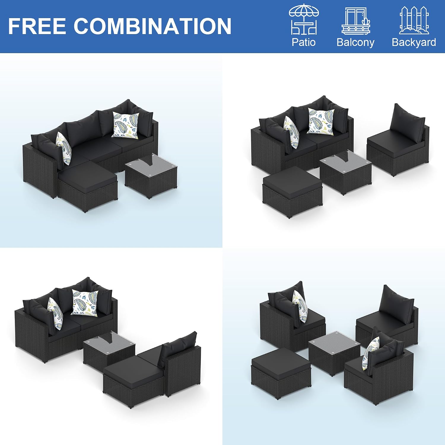 Patio Furniture Set, 5PCS Outdoor Sectional with Ottoman Wicker Rattan Patio Couch with Thickened Cushion Modular Wicker Patio Conversation Set with Glass Top Table for Balcony, Backyard (Black)