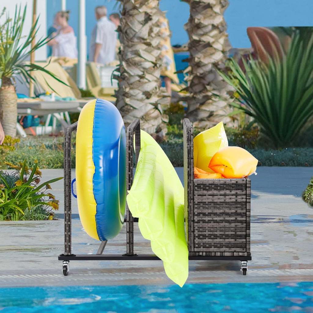 Poolside Float Storage Organizer, Pool Toy Storage Holder with Wicker Basket Outdoor Pool Float Holder Storage Rack Rolling Pool Caddy Cart Raft Holder Storage Rack for Pool Noodles Equipment Grey