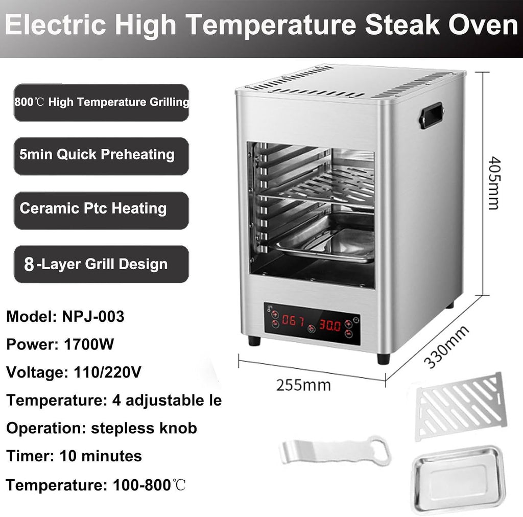Electric Steak Grill Indoor, 1700w Steak Broiler Automatic Steak Smoker Grill With Gloves/Baking Tray,800℃ Adjustable Temperature & 10min Timer For Beef Chicken Vegetables,A1