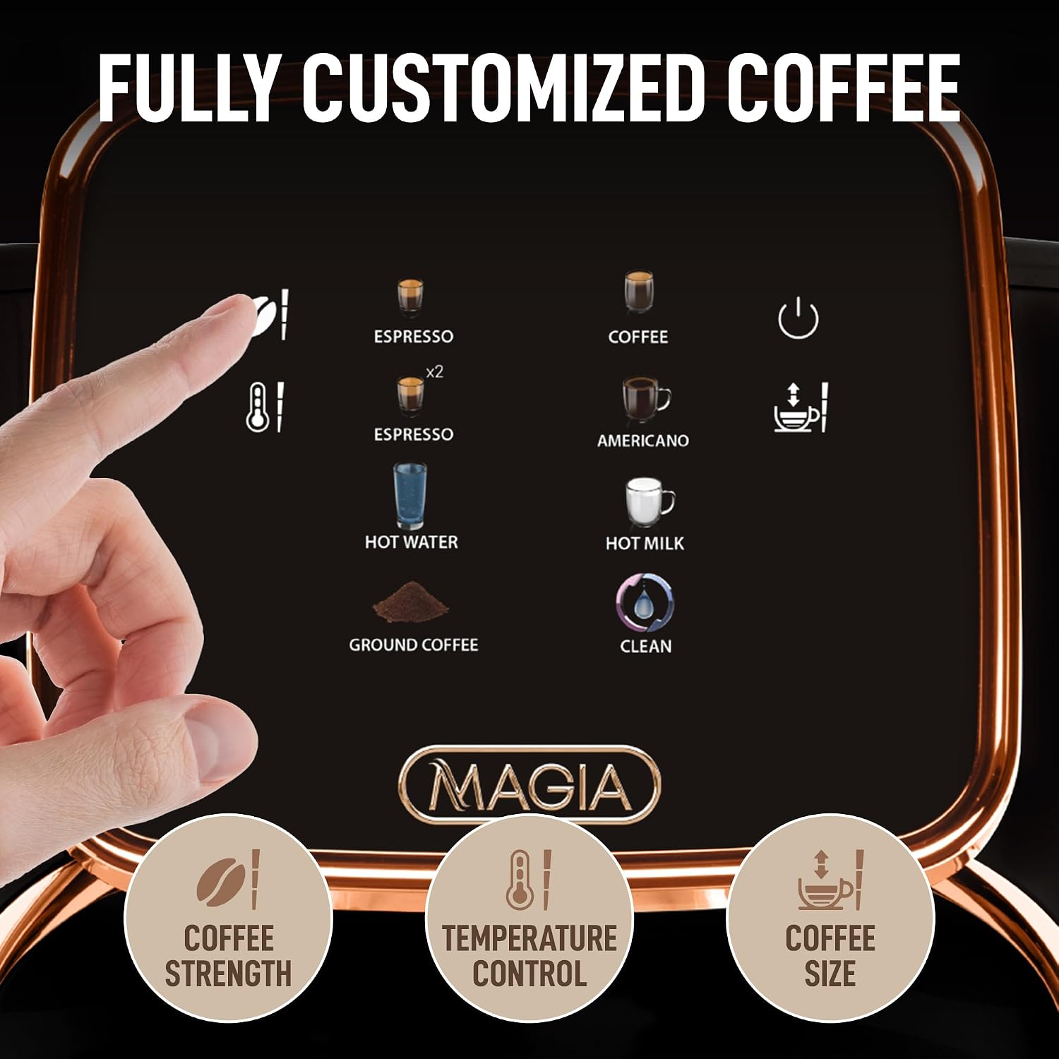 Zulay Kitchen Magia Clasica Automatic Espresso Machine with Built-In Grinder, Touch Panel Coffee Maker, Steam Wand Milk Frother, Adjustable Strength, Self-Cleaning, Black & Copper (13' x 17.7' x 9.4')