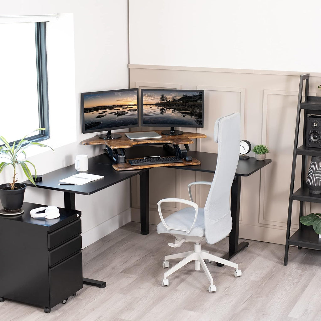 VIVO 43 inch Corner Height Adjustable Cubicle Stand Up Desk Converter, V Series, Quick Sit to Stand Tabletop Dual Monitor Riser Workstation, Rustic Vintage Brown, DESK-V000VCN