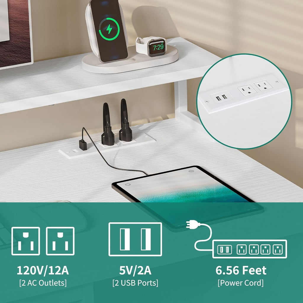 DWVO Office Desk with Drawers, 47' Computer Desk with Power Outlets & LED Light, Home Office Desk with Storage & Monitor Stand, White