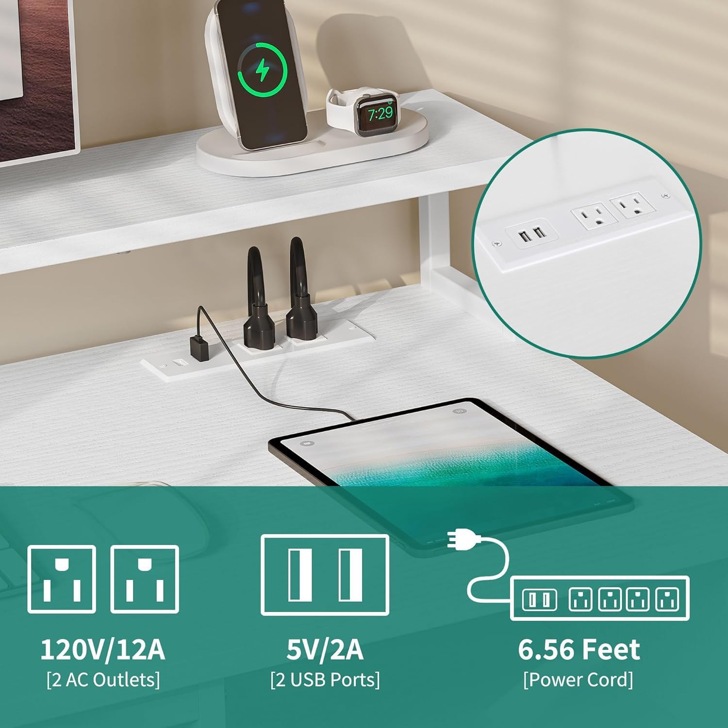 DWVO Office Desk with Drawers, 47' Computer Desk with Power Outlets & LED Light, Home Office Desk with Storage & Monitor Stand, White