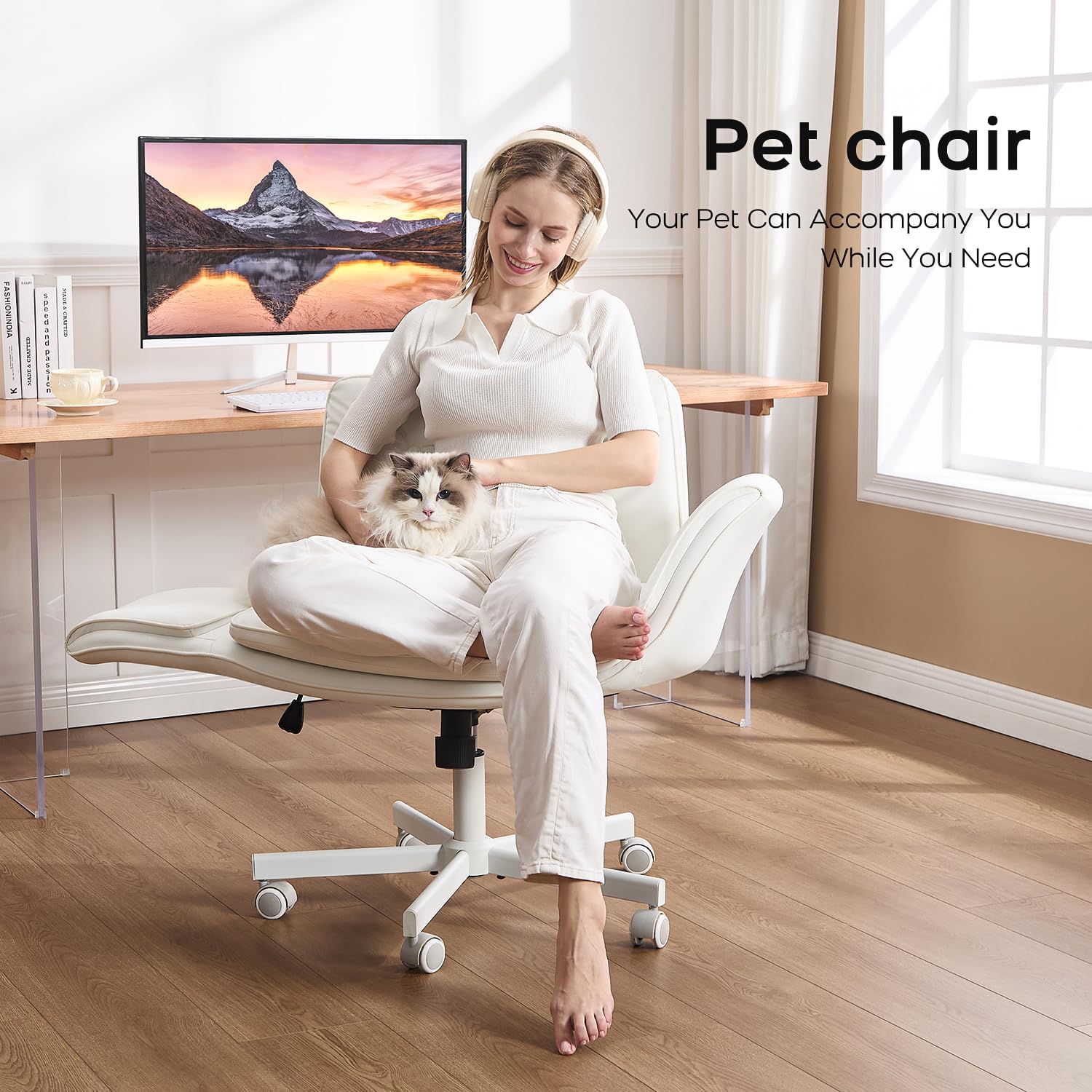 amseatec Criss Cross Office Chair, PU Leather Vanity Chair with 5-Level Adjustable Armrests & Swivel, Ergonomic Criss Cross Chair for Home Office Bedroom Makeup（White）