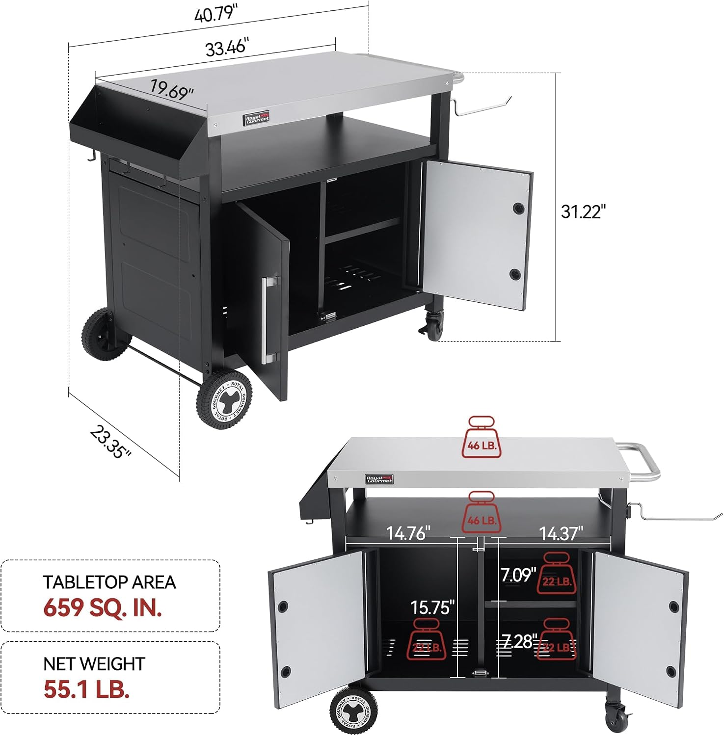 Outdoor Grill Cart with Wheels, Movable Kitchen Island with Storage Cabinet for BBQ, Stainless Steel Dining Cart Table for Food Prep, Black, PC3403S-SC