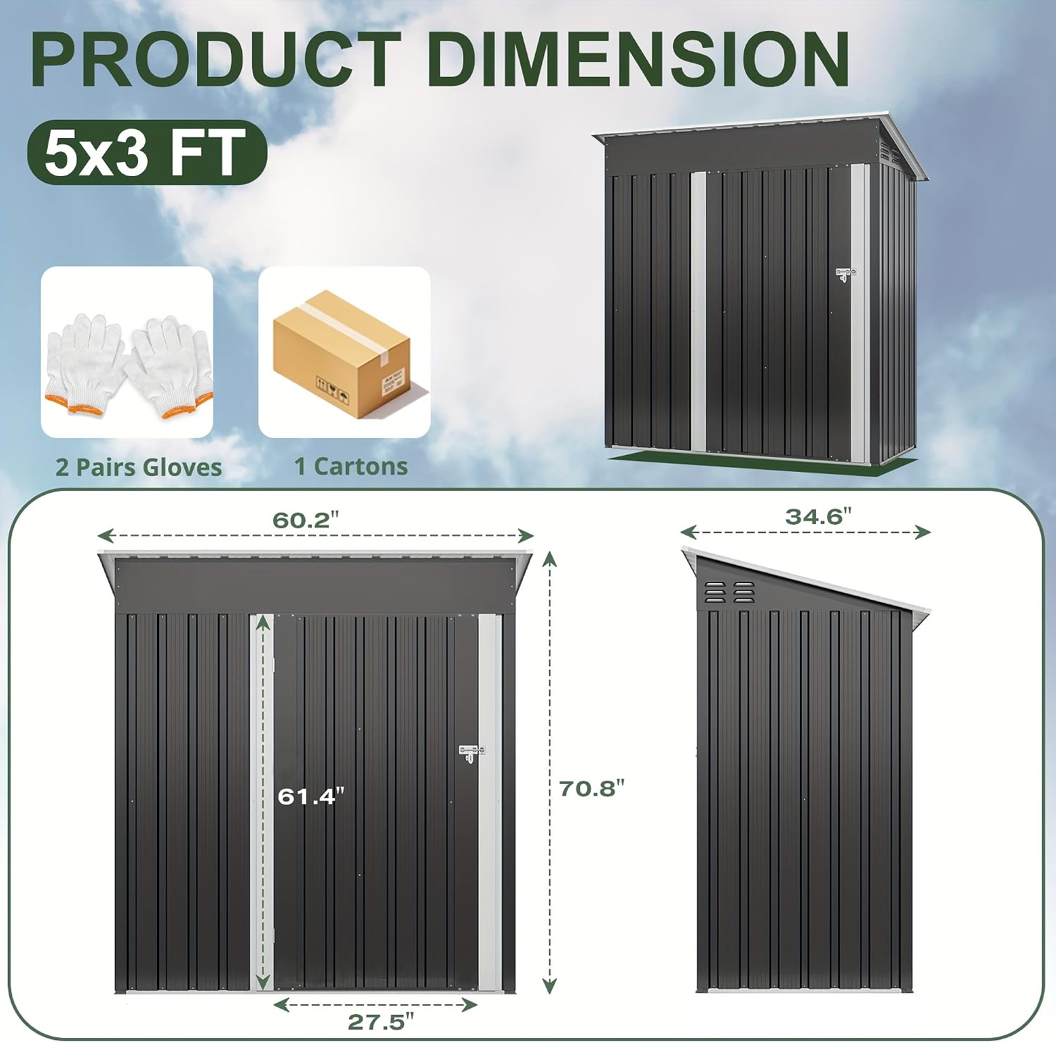 Polar Aurora Outdoor Storage Shed 5 x 3 FT, Metal Garden Shed with Updated Frame Structure, Tool Sheds for Backyard Garden Patio Lawn, Black