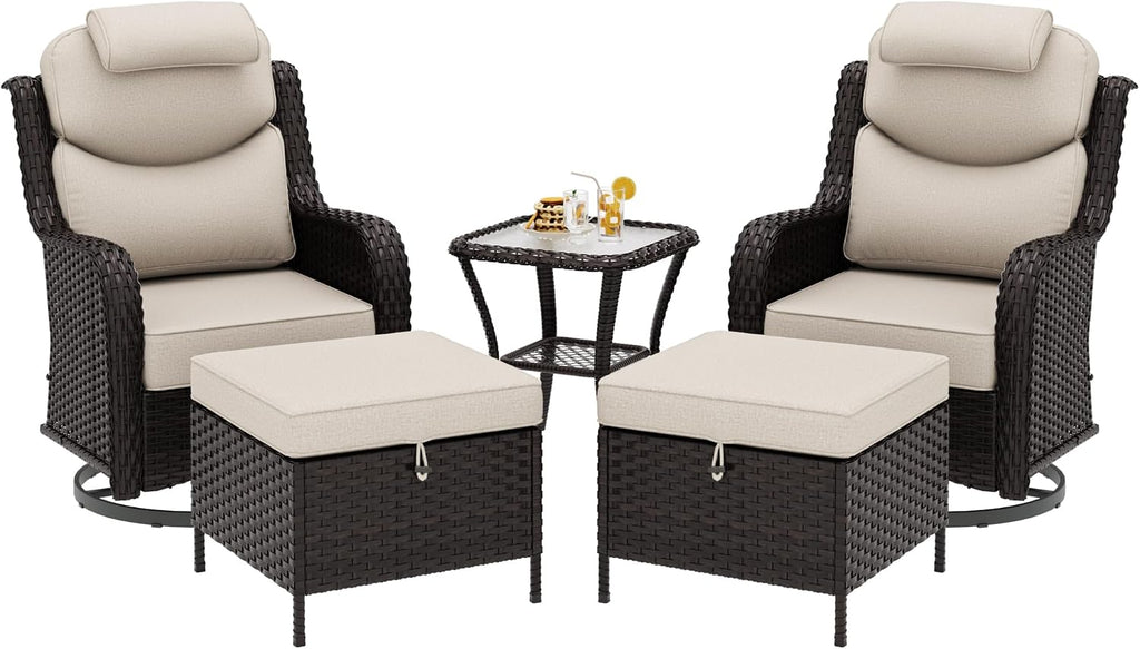 Patio Swivel Rocker Chairs of 2 with Ottomans and Side Table, 5 Pieces Patio Furniture Set, Outdoor Wicker High Back Glider Armchairs with Washable and Water-Resistant Cushions (Beige)