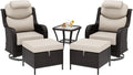 Patio Swivel Rocker Chairs of 2 with Ottomans and Side Table, 5 Pieces Patio Furniture Set, Outdoor Wicker High Back Glider Armchairs with Washable and Water-Resistant Cushions (Beige)