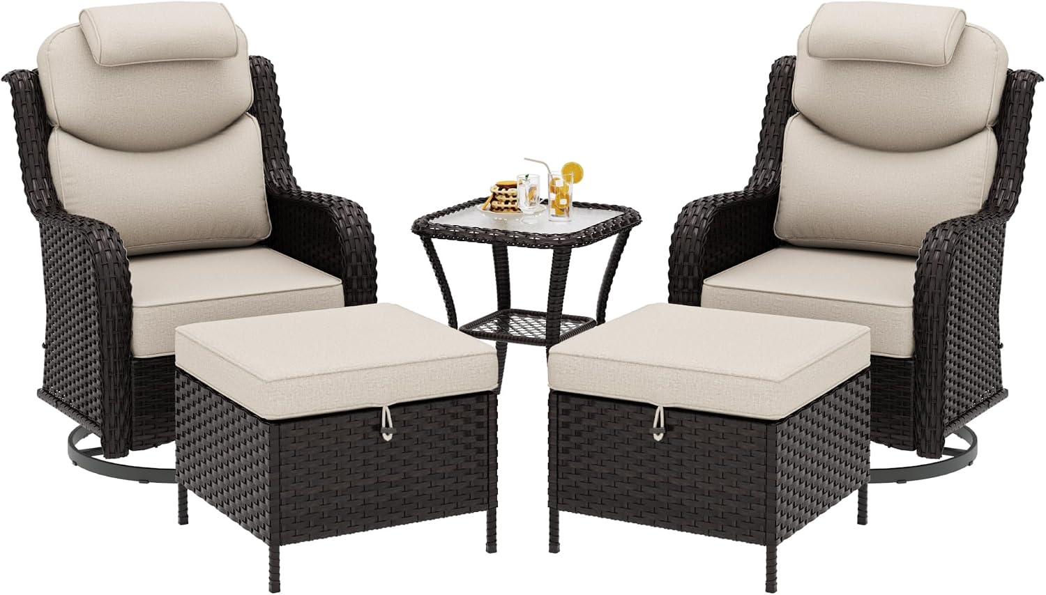Patio Swivel Rocker Chairs of 2 with Ottomans and Side Table, 5 Pieces Patio Furniture Set, Outdoor Wicker High Back Glider Armchairs with Washable and Water-Resistant Cushions (Beige)