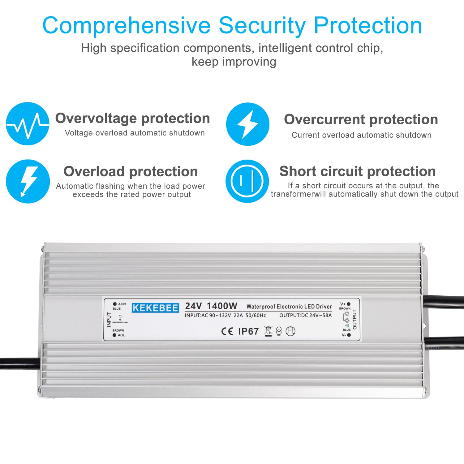 LED Driver 24V1400W Waterproof Power Supply AC90-132V to DC24V58A High Power Switching Power Supply IP67 Transformer Suitable for Indoor and Outdoor LED Lighting and Any 24V DC Equipment