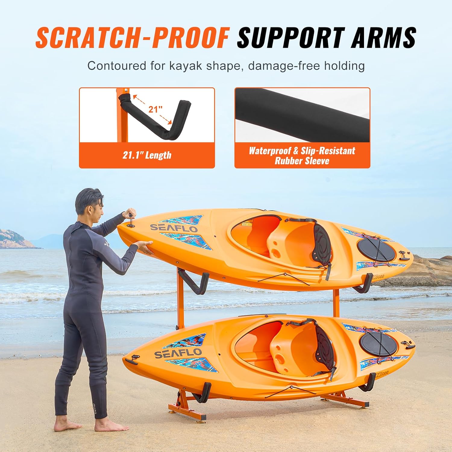 VEVOR Kayak Storage Rack, Heavy Duty Adjustable Freestanding Stand with Lockable Wheels for Indoor Outdoor Garage Shed Dock, Holder for Canoe, SUP, Surfboard & Paddleboard