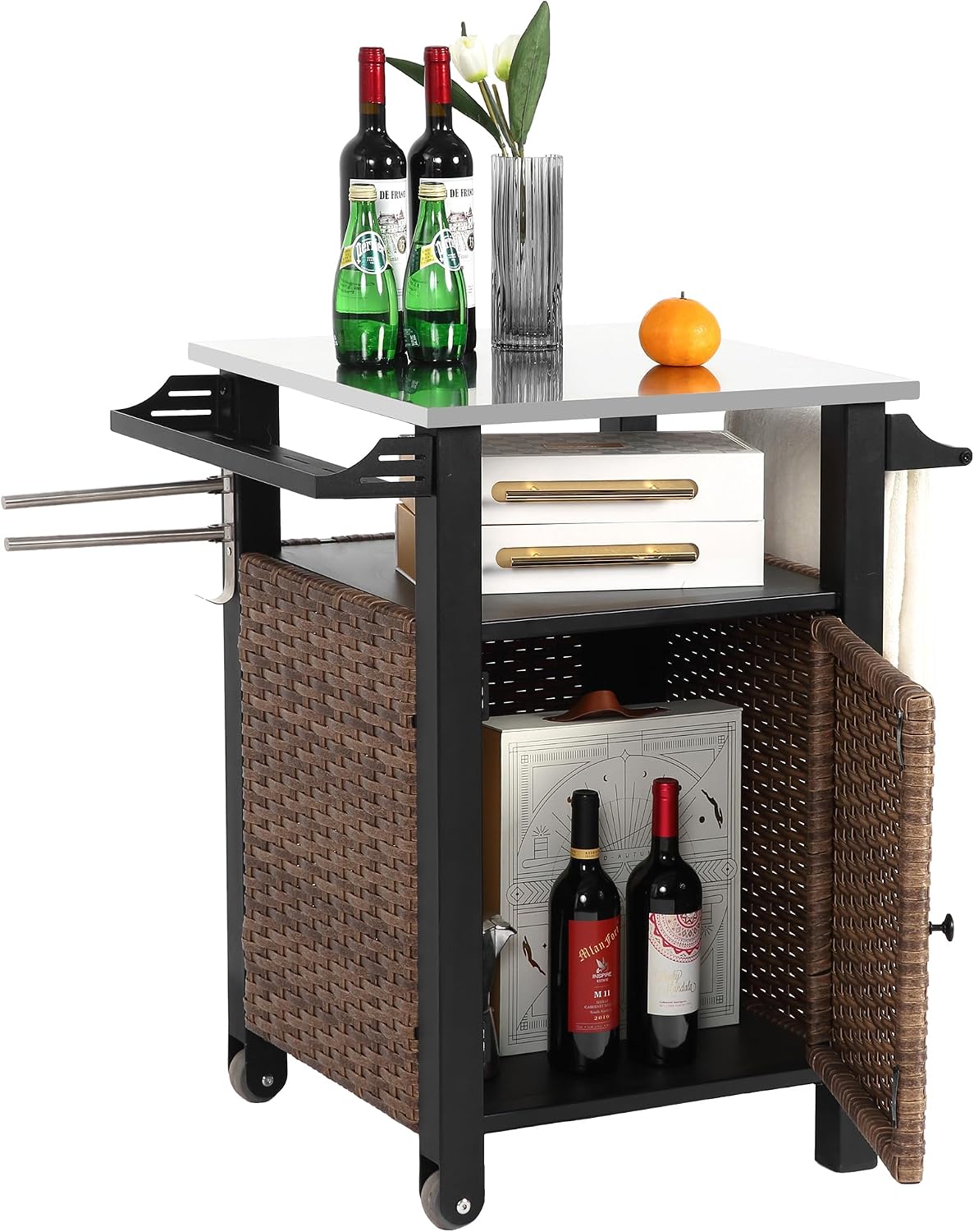 Wicker Grill Cart with Wheels, Outdoor Prep Table with Storage and Rolling Wheels, Samll Kitchen Island Serving Cart with Stainless Steel Table Top for BBQ, Porch, Patio, Brown