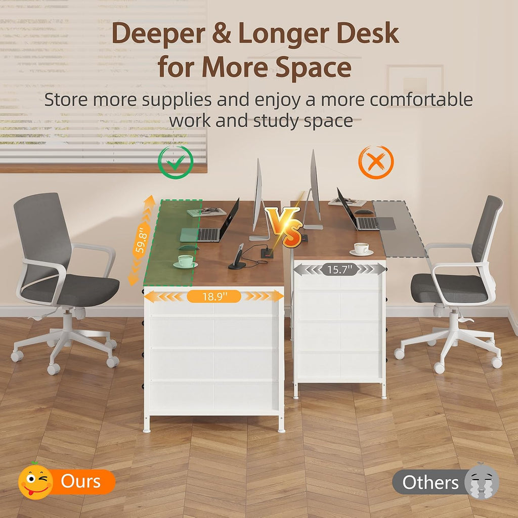 YOMILUVE 60 Inch Computer Desk with 8 Drawers, Home Office Desk with Power Outlets, Work Study Gaming Desk with 8 Fabric Drawers, Brown and White