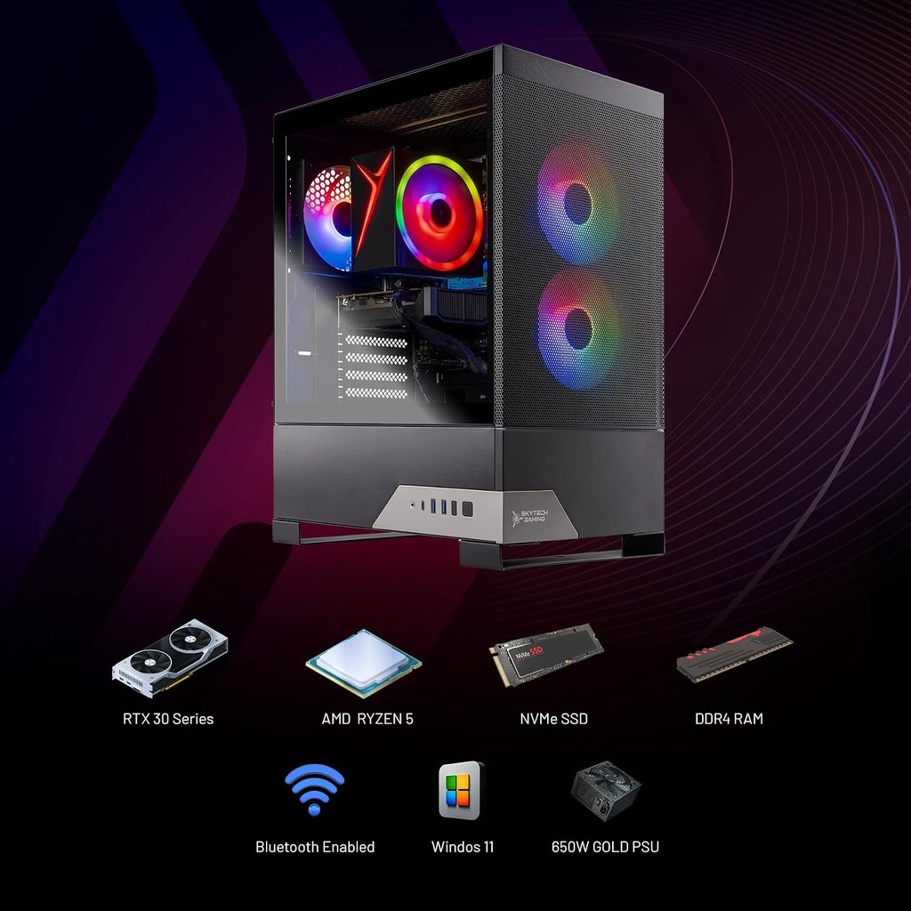 Skytech Gaming Nebula 2 Gaming PC, AMD Ryzen 5 5500 3.6GHz, NVIDIA RTX 3050 6GB, 1TB NVMe SSD, 16GB DDR4 RAM 3200, 650W Gold PSU, Wi-Fi, Win 11, Gaming Desktop