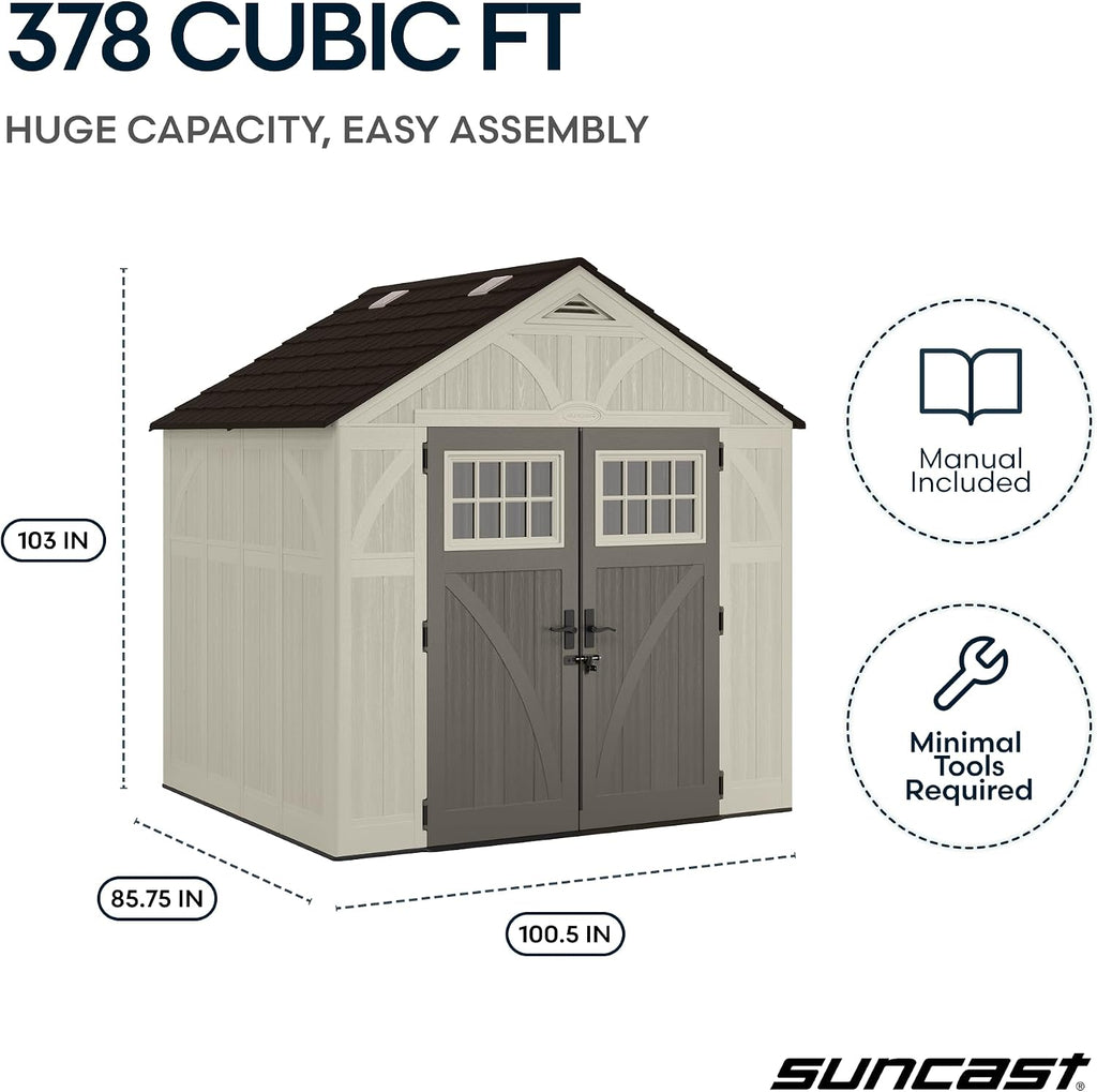 Suncast 8x7 Ft. Outdoor Storage Shed - Large Resin Shed with Floor, Lockable Double Doors, & Skylights. 378 Cu Ft Tremont Garden Sheds & Outdoor Storage for Lawn Tools, Riding Mowers, Bikes, & More