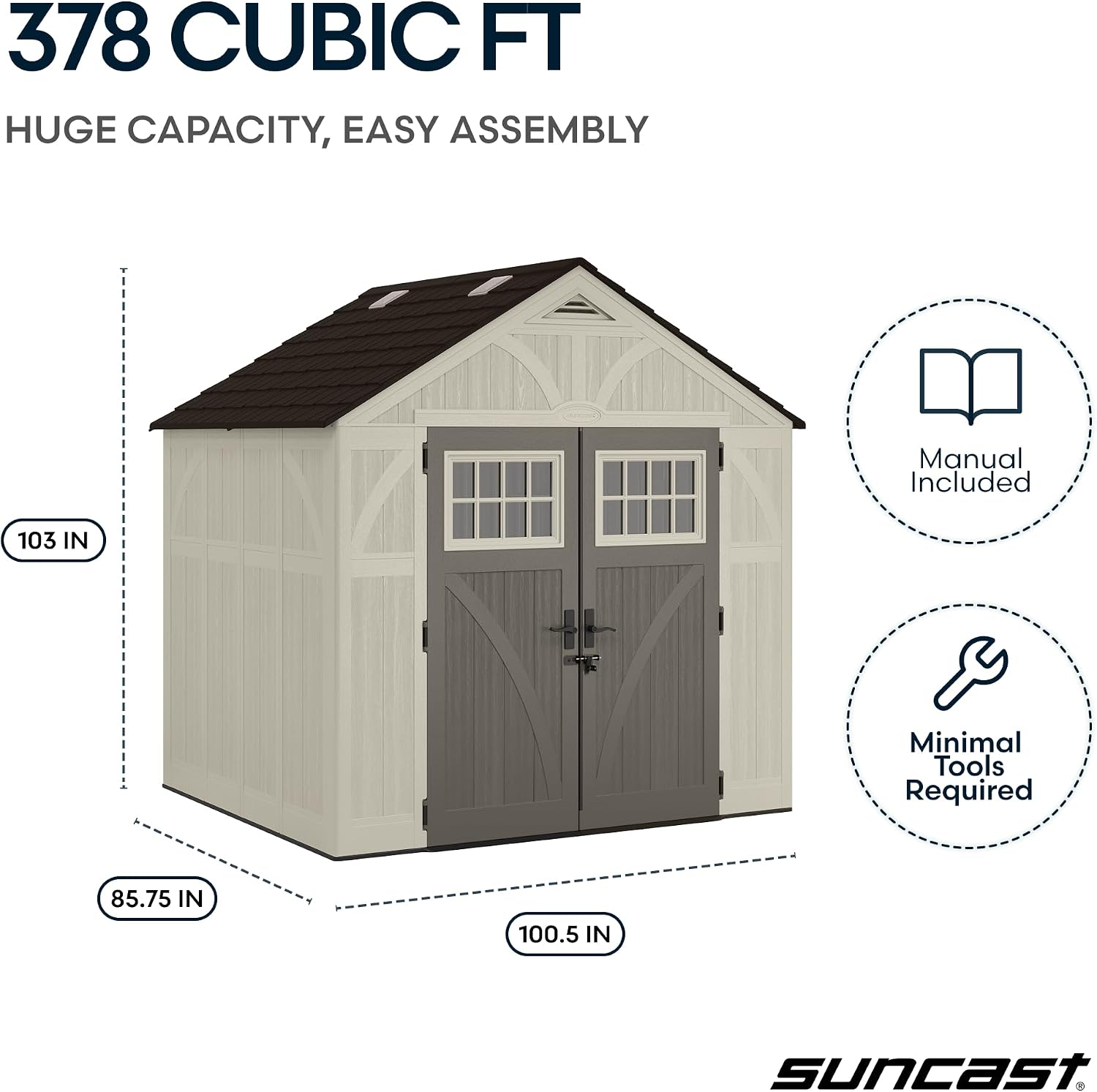 Suncast 8x7 Ft. Outdoor Storage Shed - Large Resin Shed with Floor, Lockable Double Doors, & Skylights. 378 Cu Ft Tremont Garden Sheds & Outdoor Storage for Lawn Tools, Riding Mowers, Bikes, & More