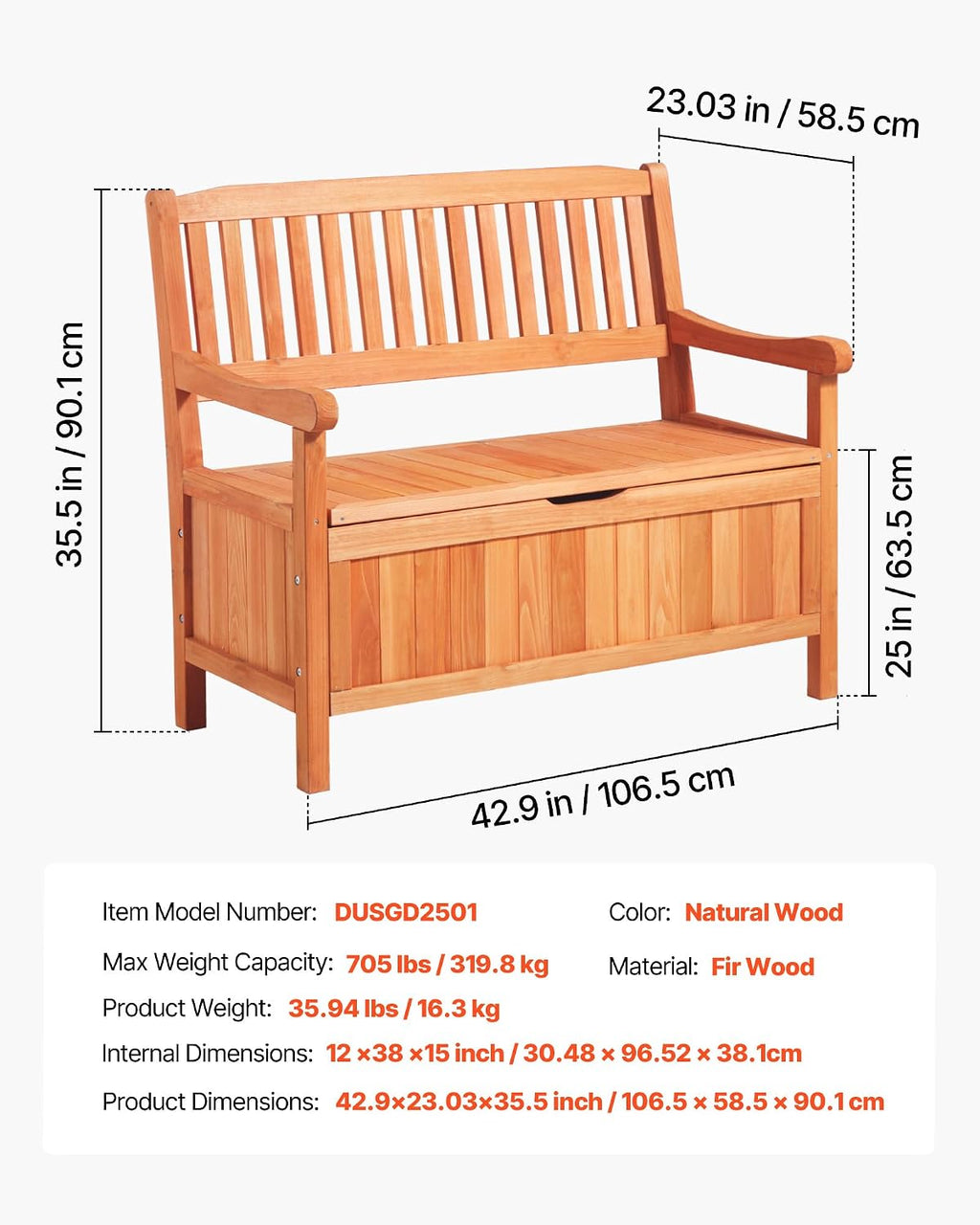 VEVOR Outdoor Storage Bench, 2-Person Wooden Storage Bench, 33 Gallons Deck Box with Side Handle, Supports up to 705 lbs, Outdoor Seating & Porch Decor, for Patio Garden Balcony Yard