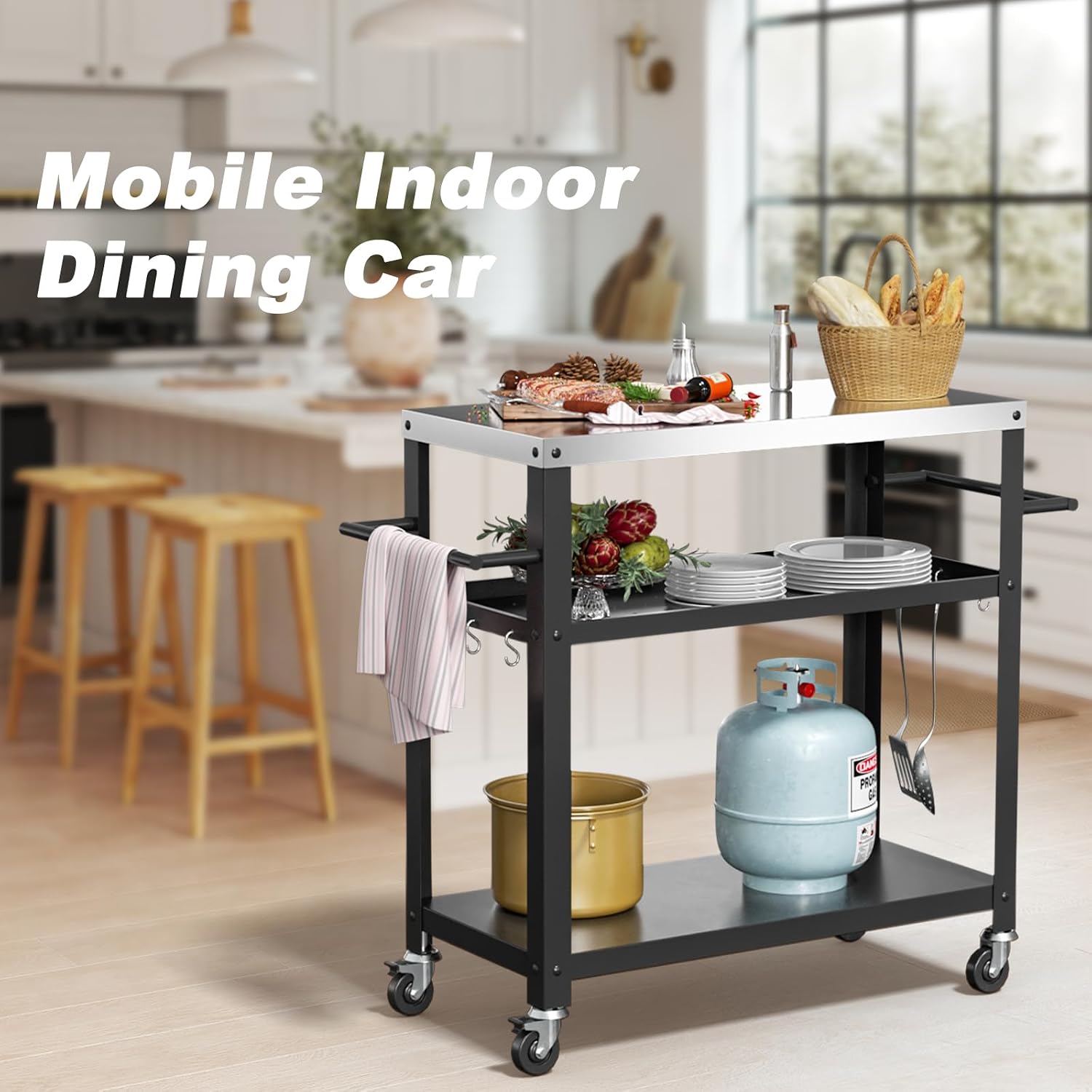 Nessxa Outdoor Grill Cart with Three-Shelf, Stainless Steel Pizza Oven Table for Outside, Dining Kitchen Cart with Two Side Handle, Garden Patio BBQ Kitchen Food Prep Table Cart (Black)