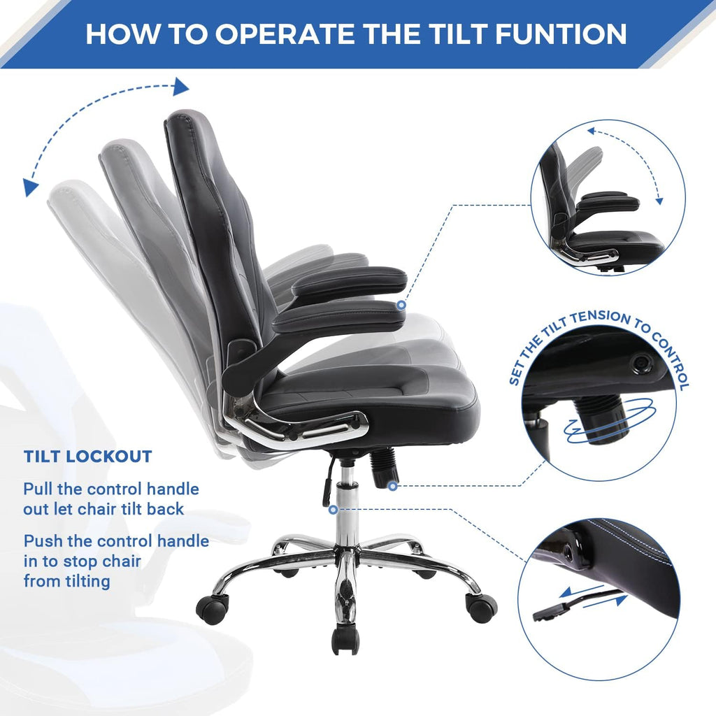 ZUNMOS Home Gaming Ergonomic Office Flip-up Armrest and Height Adjustable Desk Splicing PU Leather Computer Chair with Lumbar Support, Black (3959-BKZ6)