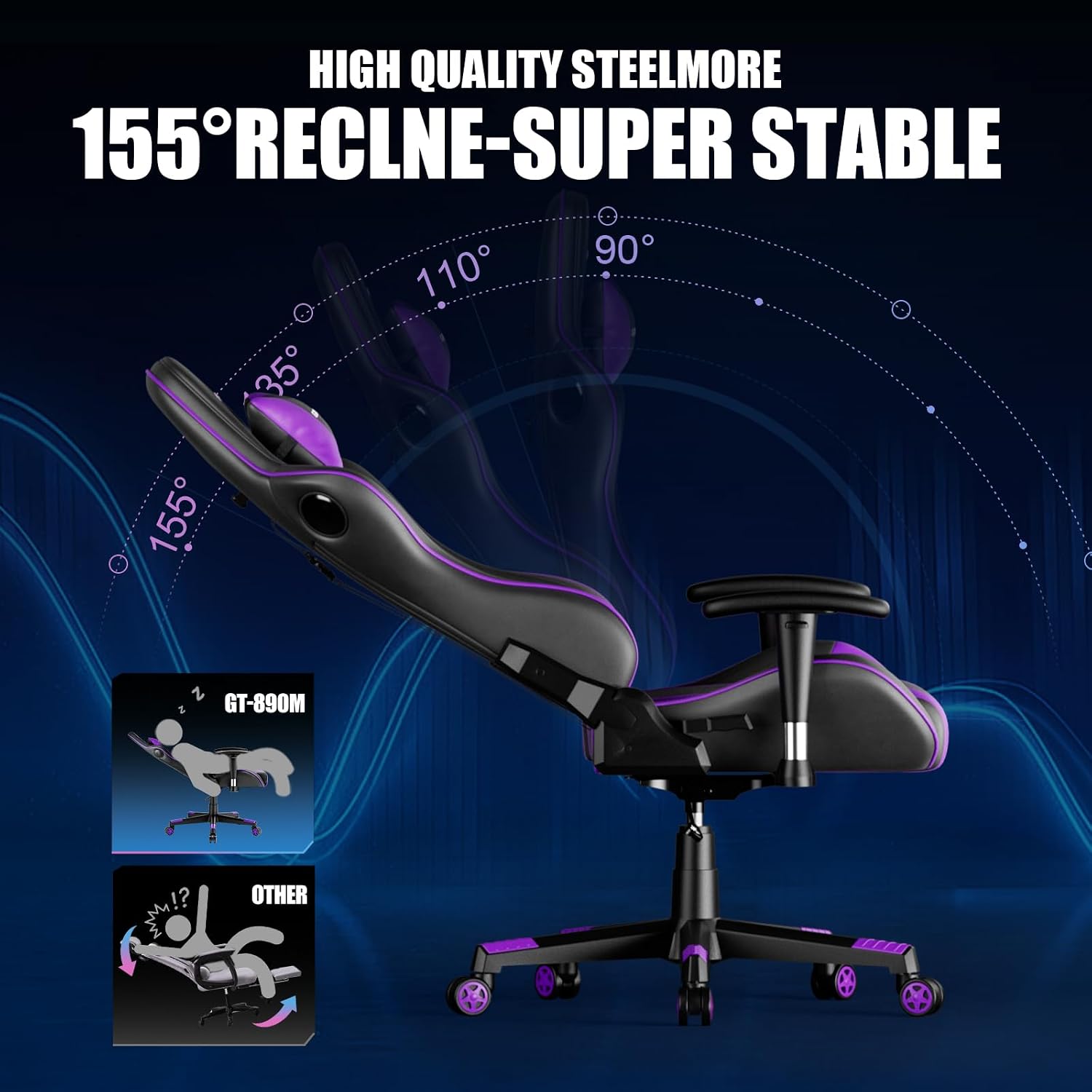 Gaming Chair with Bluetooth Speakers Music Video Game Chair Audio Ergonomic Design Heavy Duty Office Computer Desk Chair GT890M Purple