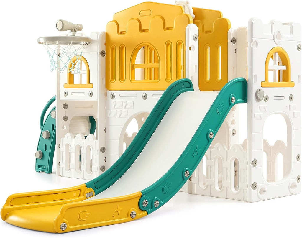 Garvee Toddler Slide 8 in 1 Toddler Playset for Toddlers Age 1-3, Baby Playset for Indoor Outdoor Playground with Climber, Crawling Tunnel, Basketball Hoop, Telescope, Toy Storage