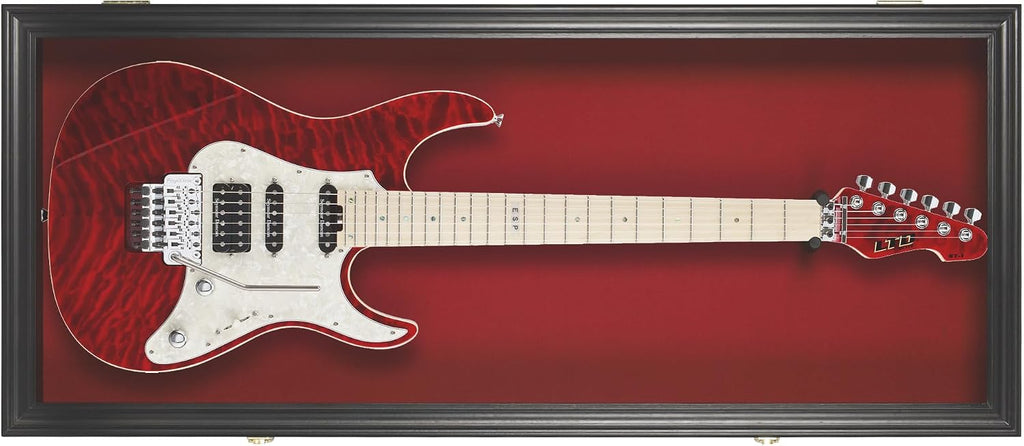 DisplayGifts 42' Electric Guitar Display Case Cabinet Shadow Box with Guitar Hanger Stand, Lockable UV Protection Red Felt Interior with Black Finish Frame