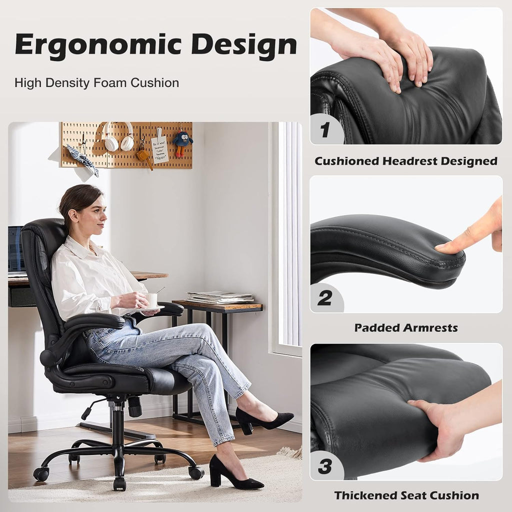 DUMOS Office Chair Set of 2 - Ergonomic Executive Computer Desk Chairs with Adjustable Flip-up Armrest, Swivel Task Chair with Lumbar Support, Strong Metal Base, PU Leather, Black