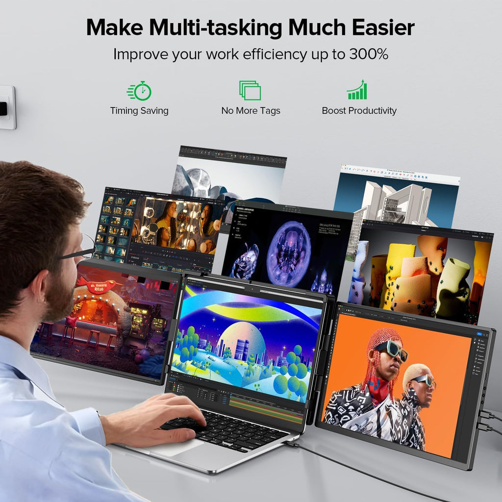 UPERFECT Laptop Screen Extender, 2K 14' 360° Patented Unique Swivel Hinge Triple Monitor, 2240x1400 QHD IPS Portable Dual Monitor for 13.3'-17.3'' Laptops, Plug & Play with Mac, Wins, Android