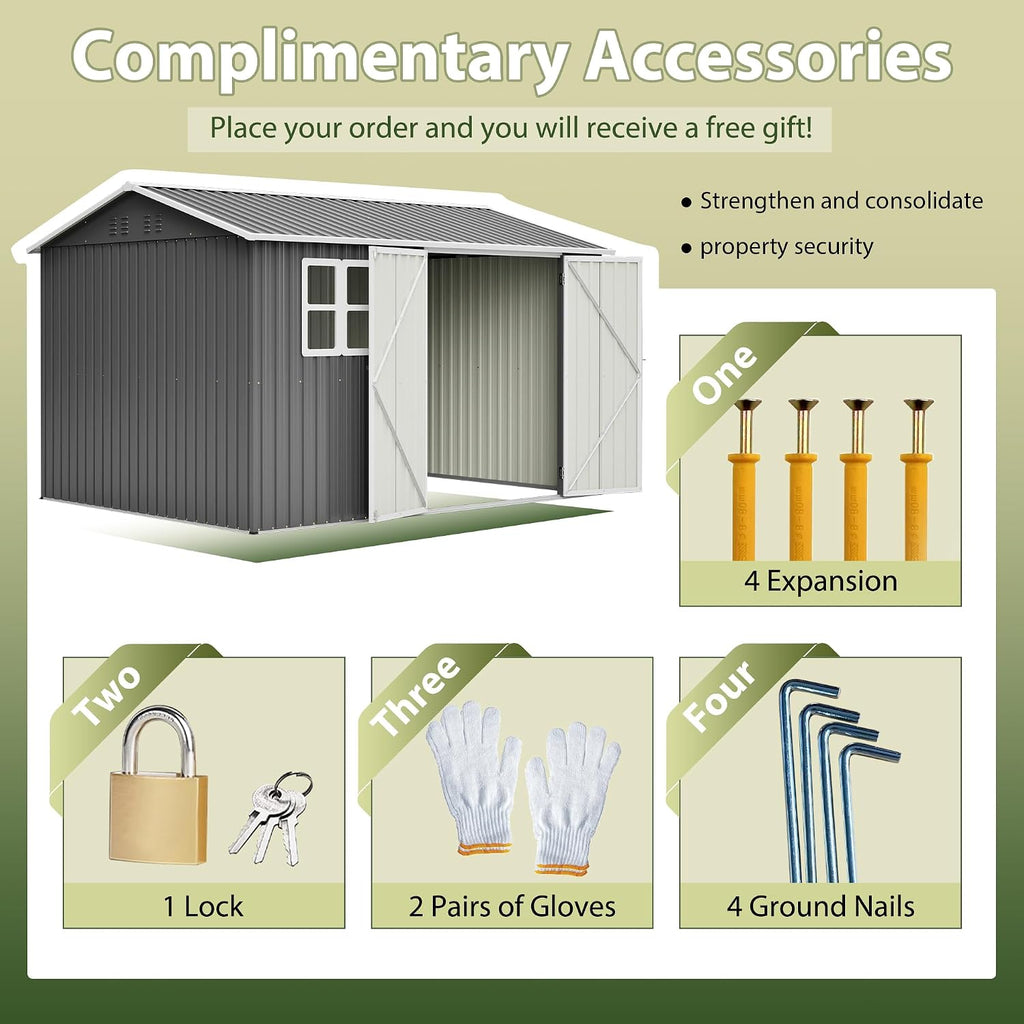 8x10FT Sheds & Outdoor Storage Shed with Bright Window and Lockable Doors, Spacious Metal Garden Shed Heavy-Duty Tool Sheds for Backyard, Patio, Lawn, Gray, Galvanized Steel