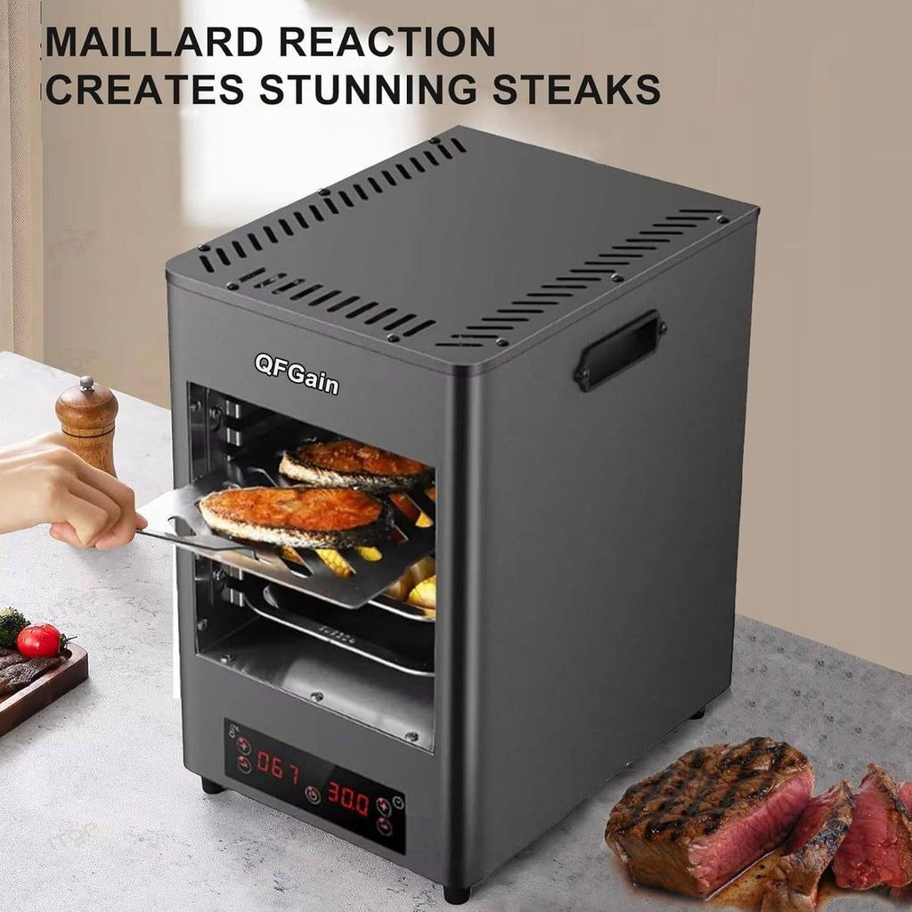 Electric Steak Grill for Indoor Use, 1700W Automatic Steak Smokeless Grill with Touch Panel - 100-800℃ Adjustable Temperature & 30Mins Timer, Countertop Oven for Beef Chicken Vegetables,A