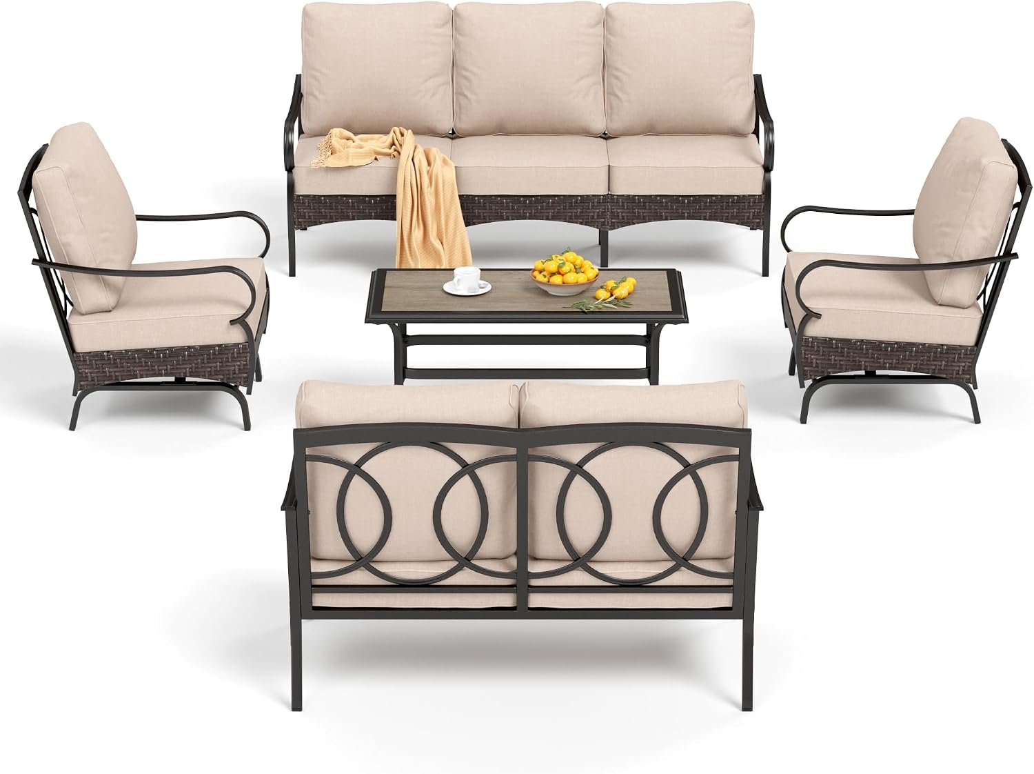PHI VILLA Outdoor Modern Patio Furniture Set, Upgraded Wicker & Metal Patio Conversation Set with Waterproof Thick Cushions for Porch, Poolside, Yard (5 Pieces,Beige)