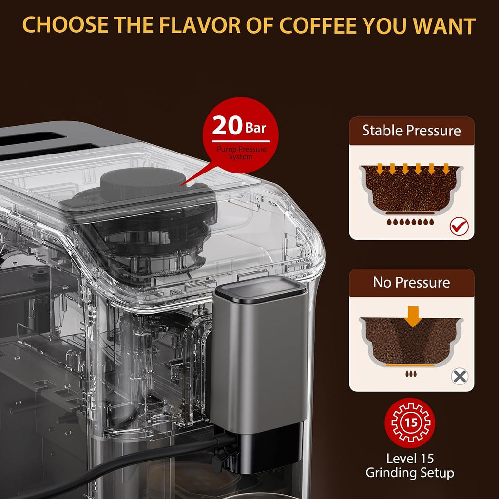 Espresso Maker with Milk Frother - Fully Automatic, 4-Beverage Options, Built-In Grinder, Intuitive Touch Display, and Sleek Finish Gold