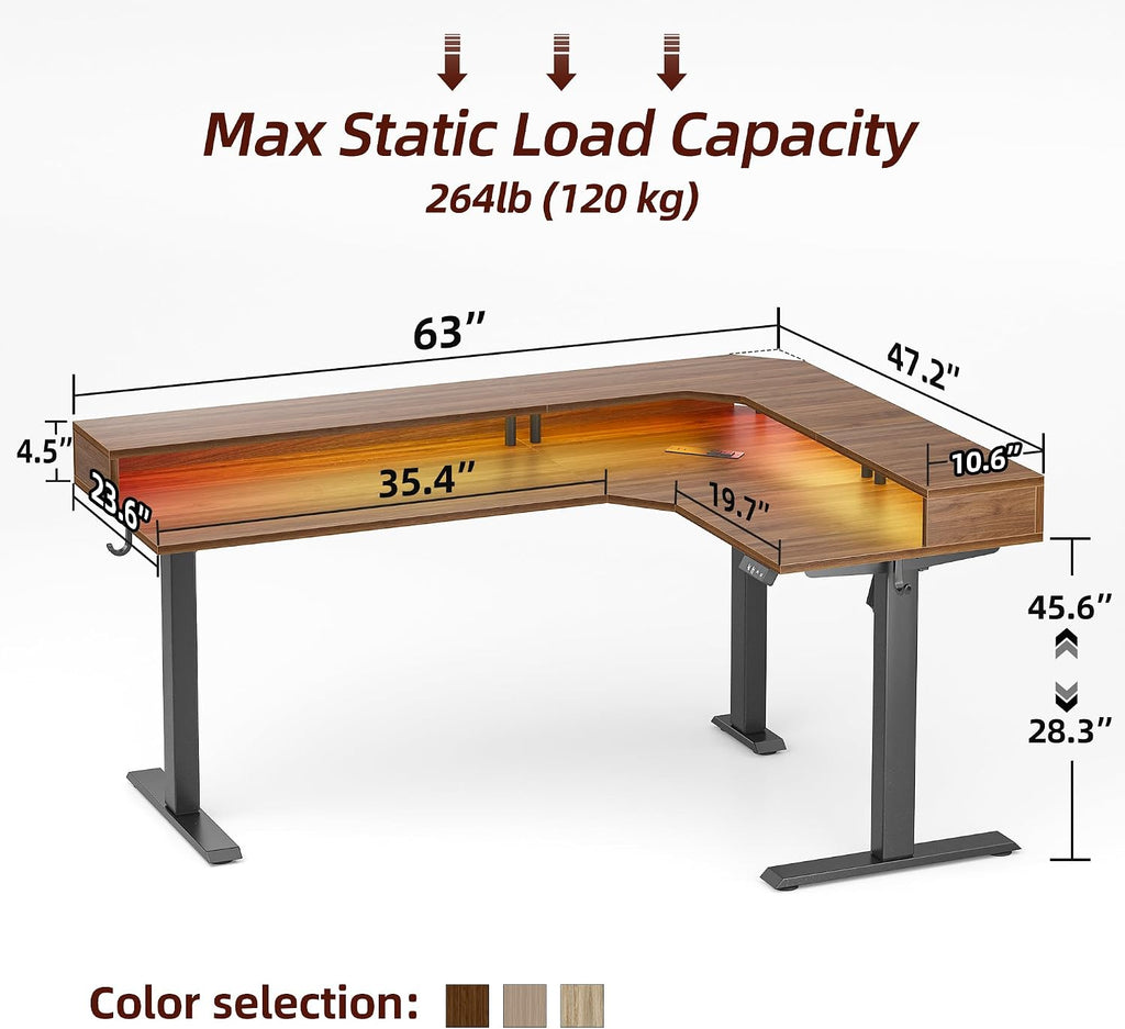 TIQLAB 63'' L-Shaped Standing Desk with LED Light Strip and Power Outlet, Height Adjustable Corner Table with Ergonomic Monitor Stand, Black Walnut
