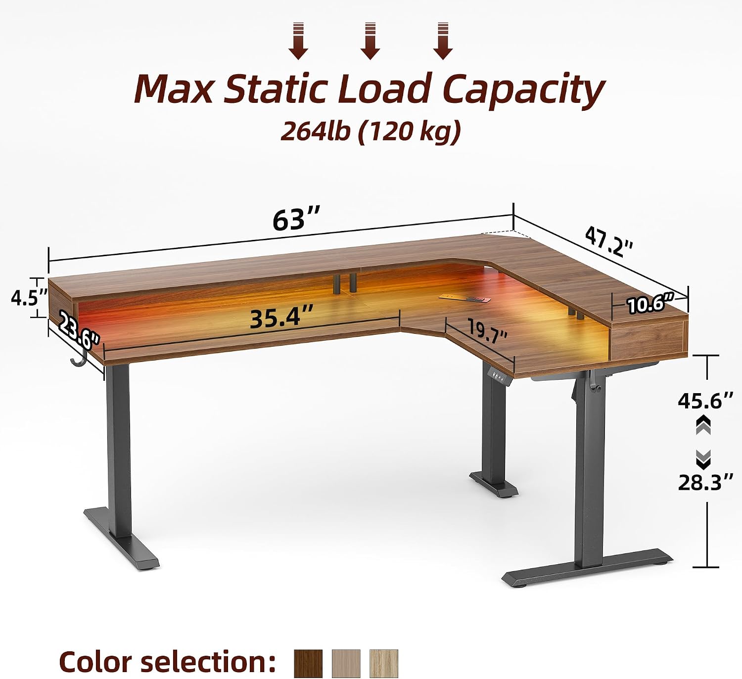 TIQLAB 63'' L-Shaped Standing Desk with LED Light Strip and Power Outlet, Height Adjustable Corner Table with Ergonomic Monitor Stand, Black Walnut