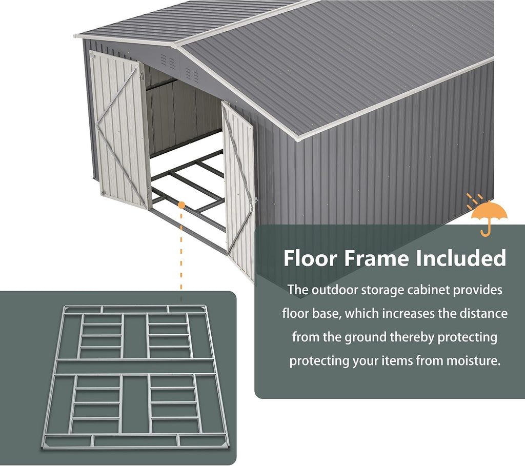11x13FT Outdoor Storage Sheds with Floor Frame& Lockable Doors Garden Metal Shed Waterproof Galvanized Steel Tool Shed with Air Vents Sloping Roof Ideal for Backyard Patio Lawn Gray