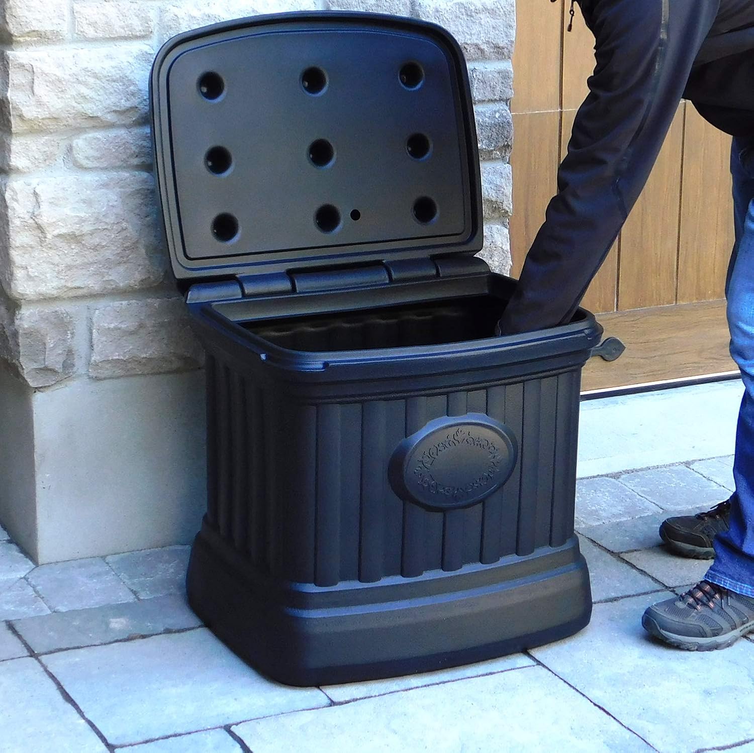 FCMP Outdoor - Outdoor Salt, Sand, and Storage Bin – Residential Deck Box, Multi-purpose for Entranceways, Porch, Patio (SB120-BLK) Black