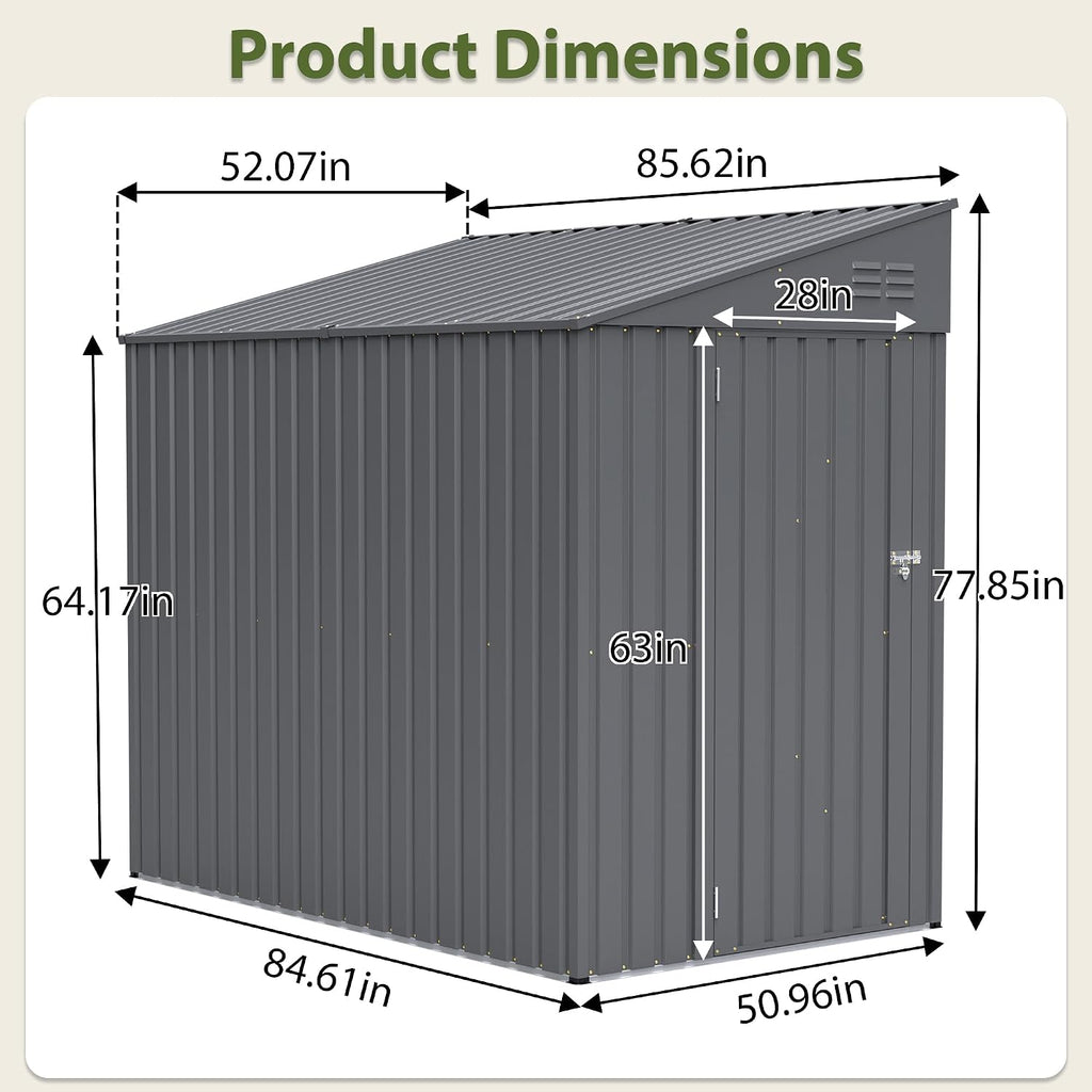 4 × 7 FT Lean to Storage Shed, Outdoor Metal Wall Side Bike Mower Sheds & Outdoor Storage Cabinet, Lockable Tool Organization Shed for Garden Patio