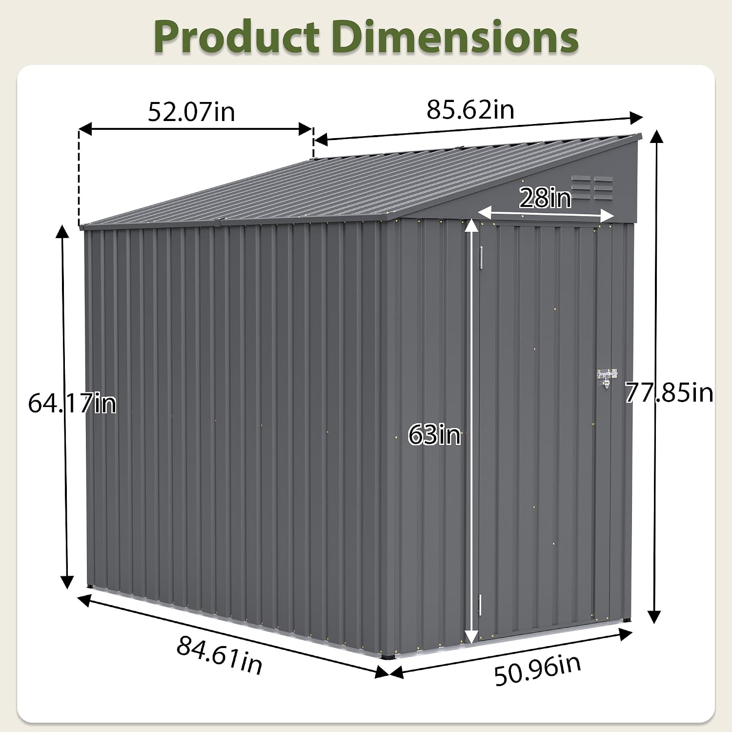 4 × 7 FT Lean to Storage Shed, Outdoor Metal Wall Side Bike Mower Sheds & Outdoor Storage Cabinet, Lockable Tool Organization Shed for Garden Patio