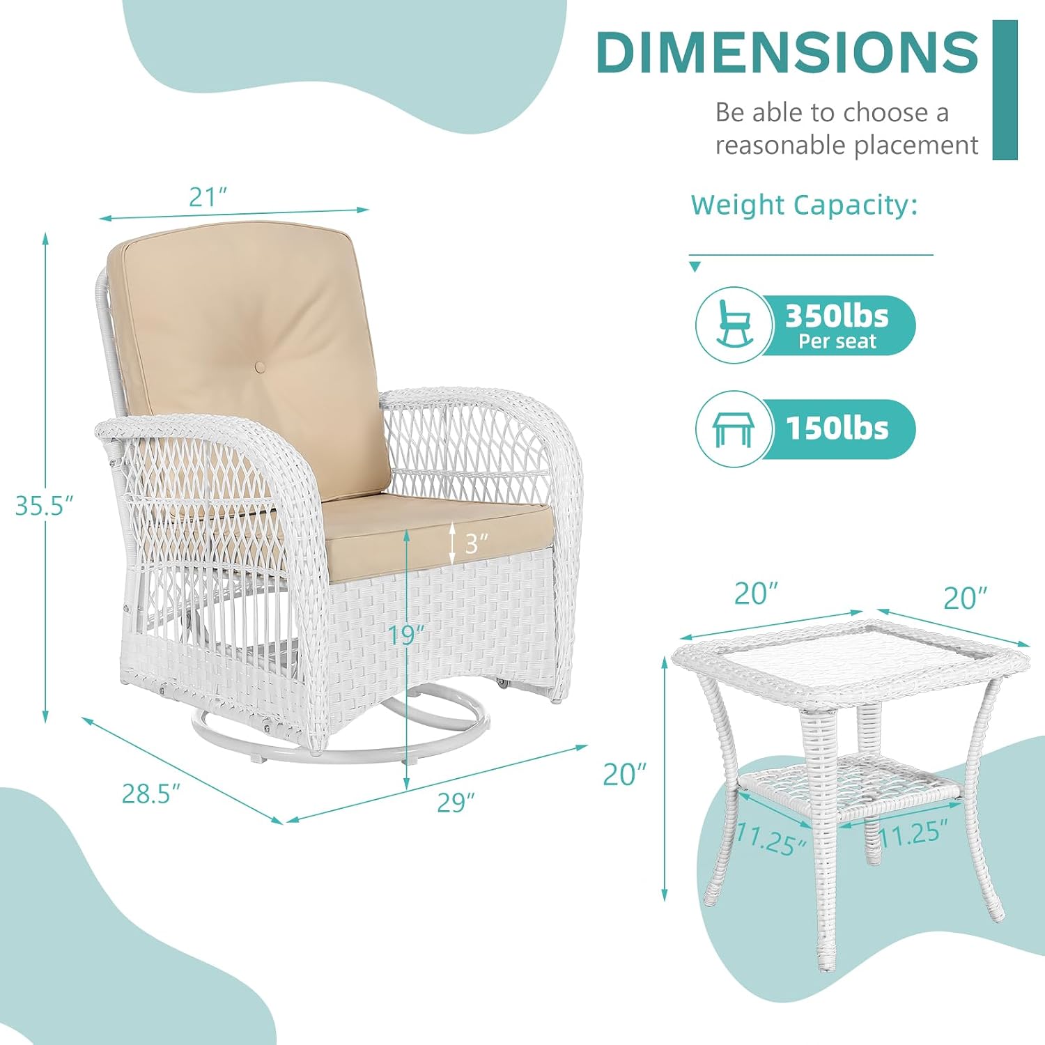 MEETWARM 3 Pieces Outdoor Wicker Swivel Rocker Patio Set, Rocking Chairs Rattan Patio Furniture Sets with Thickened Cushion and Glass-Top Coffee Table, Conversation Bistro Set, White Wicker/Beige
