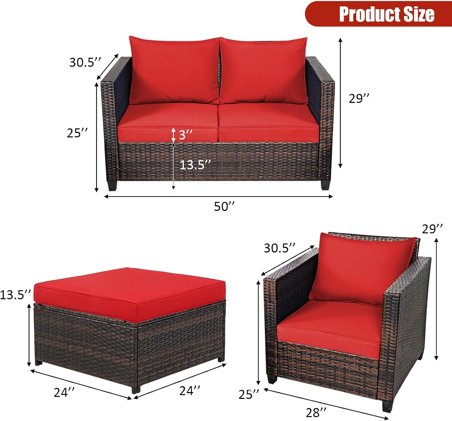 Tangkula 5 Pieces Rattan Patio Furniture Set, Outdoor Sectional Wicker Sofa Set with Loveseat, 2 Single Sofas, 2 Ottomans & Removable Cushions, Outside Daybed Sofa for Yard, Garden, Poolside (Red)