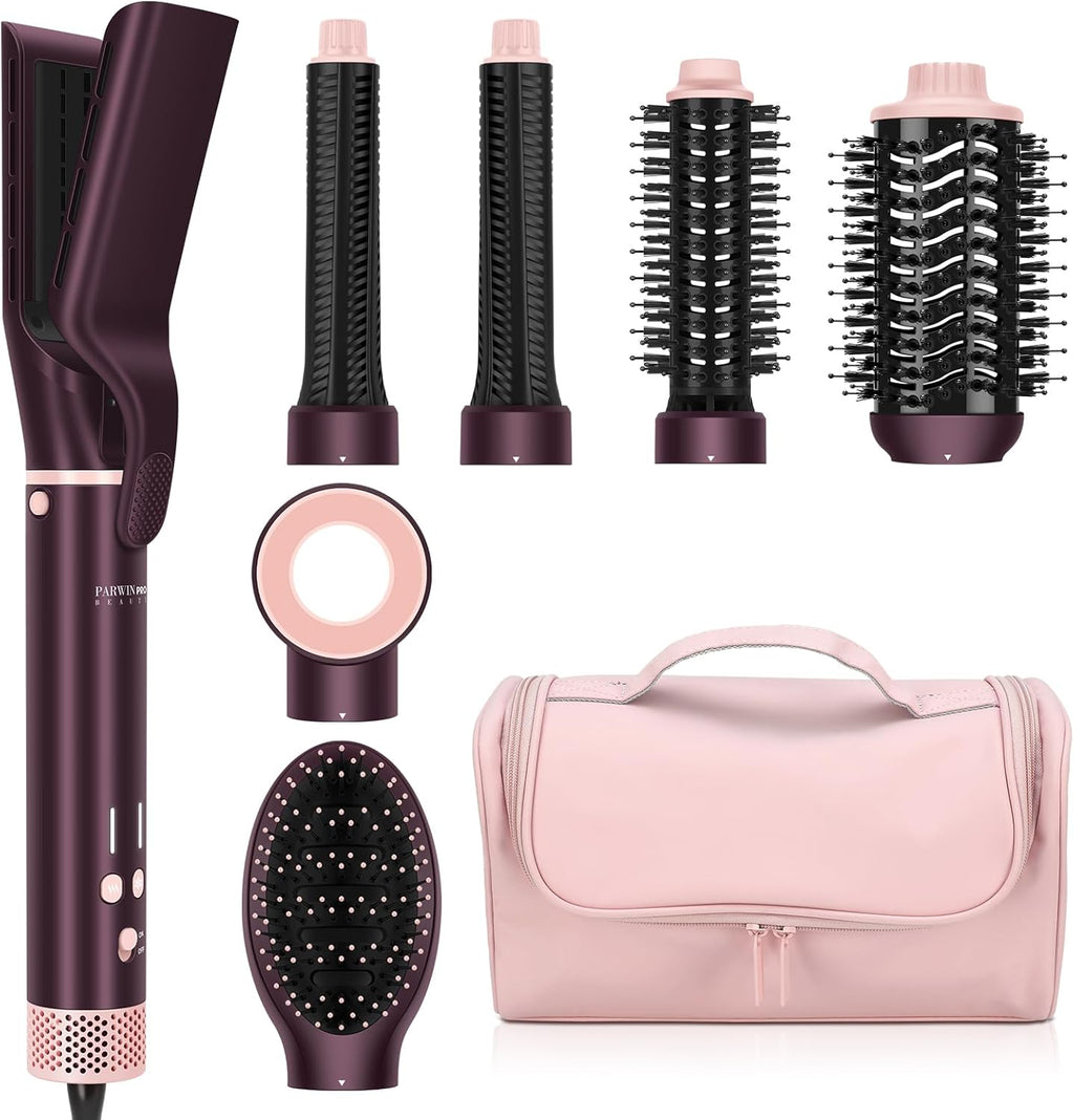 MaxAIR 2.0 7-in-1 Hot Air Styler,Travel Dual Voltage Multi-Styler Set,High Speed Hair Dryer Brush with Air Hair Straightener,1.1 Inch Auto-Wrap Curlers,110,000RPM,Jasper Plum