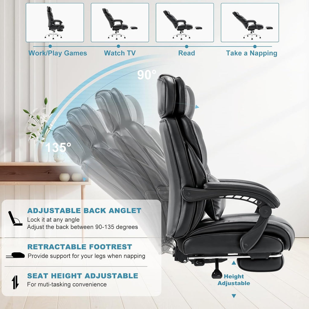 COLAMY Office Chair with Retractable Footrest, Ergonomic High Back Design Executive Computer Desk Chair with Removable Lumbar Pillow, 90-135°Reclining, Thick Bonded Leather for Home Office Work, Black