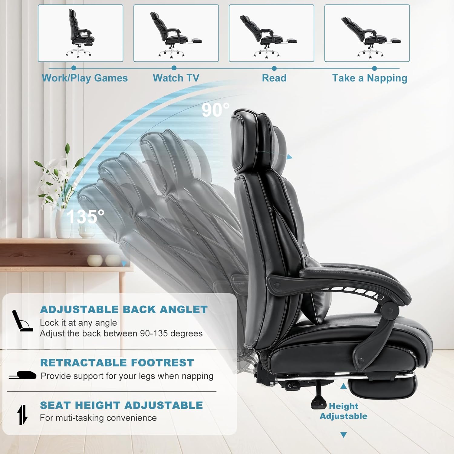COLAMY Office Chair with Retractable Footrest, Ergonomic High Back Design Executive Computer Desk Chair with Removable Lumbar Pillow, 90-135°Reclining, Thick Bonded Leather for Home Office Work, Black