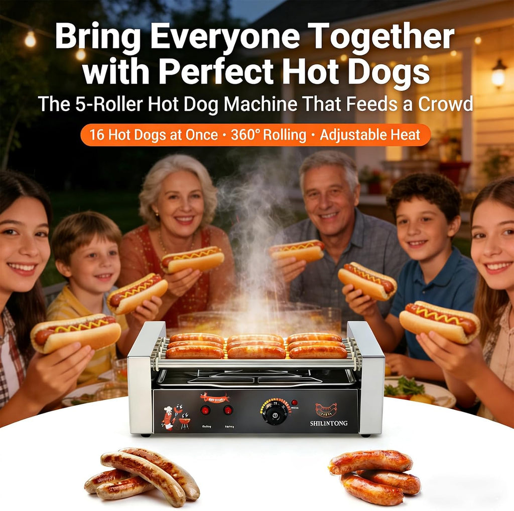 Commercial Hot Dog Roller Machine - 5 Roller Electric Grill with 16 Hot Dog Capacity, 750W Stainless Steel, Removable Drip Tray